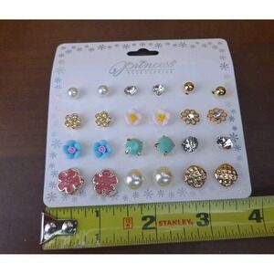 Princess Accessories 12 Pairs Stud Multicolor Flower Circle Shaped Earrings